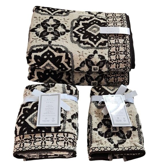 Peri Home Moroccan Tiles 6pc Cotton Towels Black Beige Set 2 Bath 2 Hand 2 Tip - Picture 1 of 16